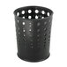 A black steel Safco round wastebasket with holes in it.