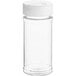 A clear plastic container with a white dual flapper lid.