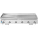 A large stainless steel Vulcan liquid propane gas griddle with four atmospheric burners.