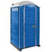A blue and white PolyJohn portable toilet.