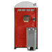A red and grey PolyJohn portable toilet.