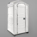 A white PolyJohn portable toilet with a door.