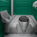 A grey and black PolyJohn portable restroom with a black lid.