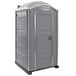 A grey PolyJohn portable restroom with a white roof.