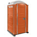 An orange and white PolyJohn portable toilet.