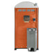 An orange and grey PolyJohn portable toilet with a sink, soap, and towel dispenser inside.