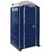 A dark blue PolyJohn portable restroom with silver trim.