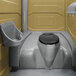 A grey PolyJohn portable toilet with a black seat.