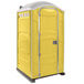 A yellow PolyJohn portable toilet with a white roof and silver door.