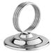 A Choice chrome table card holder with round base holding three cards.