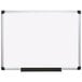 A MasterVision white porcelain dry erase board with an aluminum frame and black border.