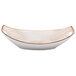 A white oval china bowl with a brown rim.