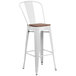 A white Flash Furniture metal bar stool with a wood seat and a vertical slat back.