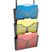 An Officemate 3-pocket filing system in charcoal with multi colored files in it.
