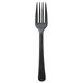 A black rectangular object with a white background. A black compostable plastic fork with a black handle.