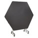 A black hexagon shaped table with a chrome frame on wheels.