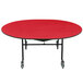 A red National Public Seating oval cafeteria table with a black T-Mold edge and black metal legs.