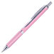 A Pentel EnerGel Alloy retractable black liquid gel pen with a pink barrel and silver accents.