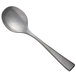 A Oneida Lexia stainless steel bouillon spoon with a metal handle.