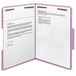 A Smead file folder with prongs and lavender top tabs holding a white document with black text.