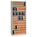 A light gray Tennsco lateral file cabinet with shelves holding orange files.