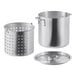 A standard weight silver aluminum stock pot with a lid and strainer.
