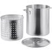 A silver aluminum stock pot with a lid and strainer.
