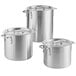 A Choice aluminum stock pot set with three silver pots and lids.