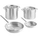 A Choice aluminum cookware set with pots, pans, and lids.