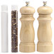 A wooden salt shaker with a lid and a wooden pepper mill with a black border.