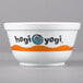 A white Dart foam bowl with orange and black text that says "hogo yi"