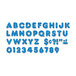 Blue glittery uppercase letters and numbers on a white background.