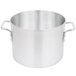 A close-up of a silver Vollrath Arkadia aluminum stock pot with handles.