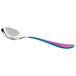 A Reserve by Libbey bouillon spoon with a blue and purple handle and a silver spoon.