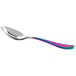A Libbey Santa Cruz stainless steel demitasse spoon with a colorful handle.