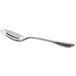 A silver teaspoon with a curved silver handle.
