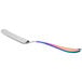 A silver butter knife with a flat handle that is rainbow colored.