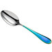 A Reserve by Libbey stainless steel dessert spoon with a rainbow colored handle.
