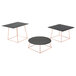 A black round table with copper legs holding Acopa Slate Rose Gold Wire display risers.