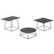 A group of black rectangular and square wire display risers on black tables with metal legs.
