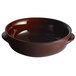 A brown Acopa Keystone stoneware bowl with handles.