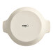 A round, white porcelain casserole dish with handles, shown upside down with the Acopa brand name on the bottom.