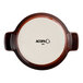 A small chestnut-colored porcelain casserole dish with handles, viewed from the bottom and labeled with the Acopa brand.