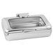 An Eastern Tabletop stainless steel rectangular chafer with a hinged glass dome cover.