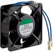 A black industrial fan motor with blue and green wires.