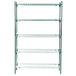 A green Metro wire shelving unit with four shelves.