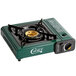 A green Choice portable gas stove with a brass burner.
