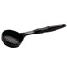 A black plastic spoon with a handle and a perforated bowl.