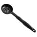 A black plastic Vollrath Spoodle with a handle and holes in the spoon end.
