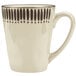 A white stoneware mug with black lines on it.